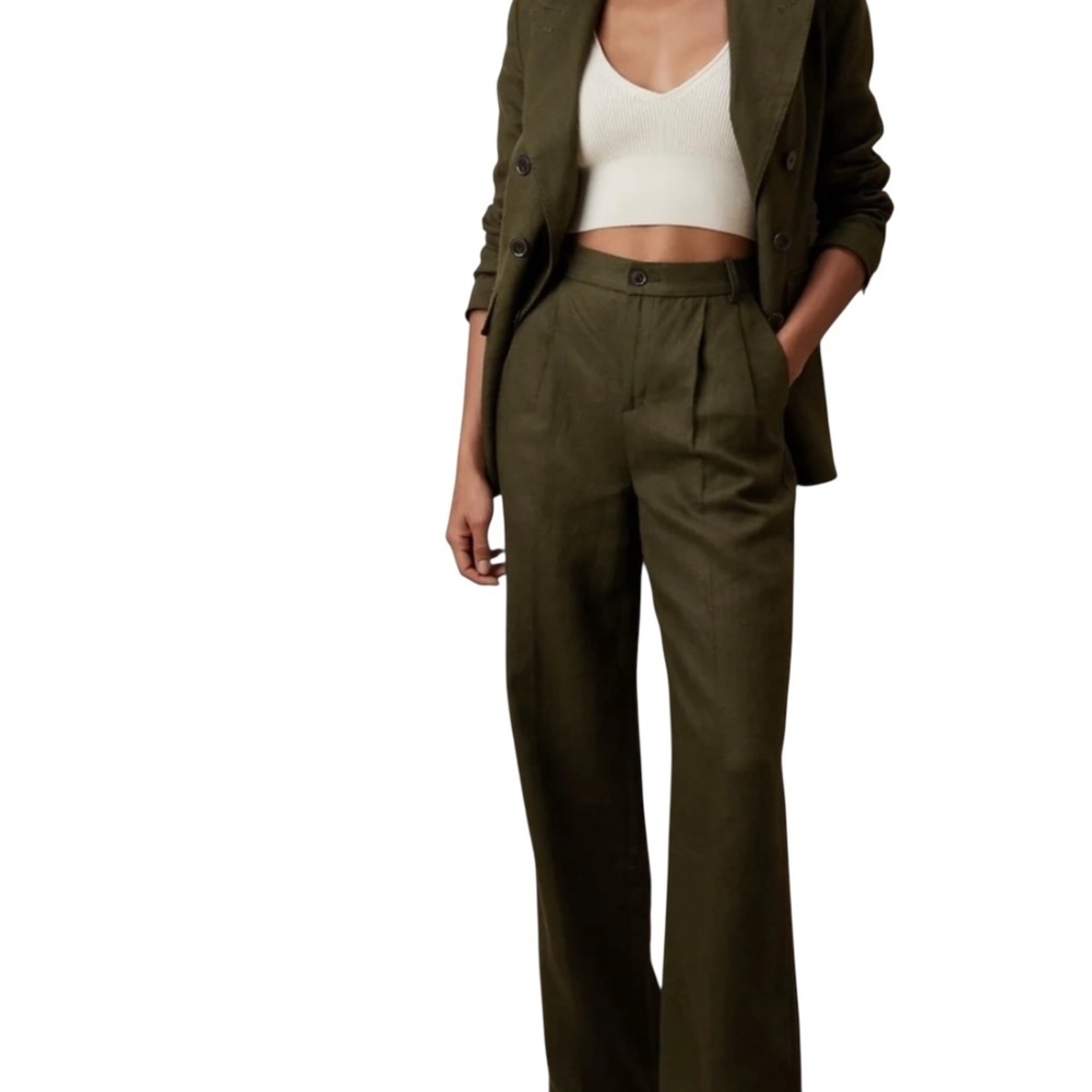 Banana Republic High Rise Palma Straight Leg Linen Pant Size 12 in Olive Green